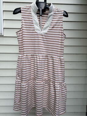 Nautica Jeans Striped Tiered Sleeveless Polo Dress Brown White Size M